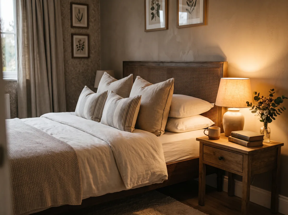 Boutique hotel guest bedroom styled with a substantial headboard and matching nightstand lamps