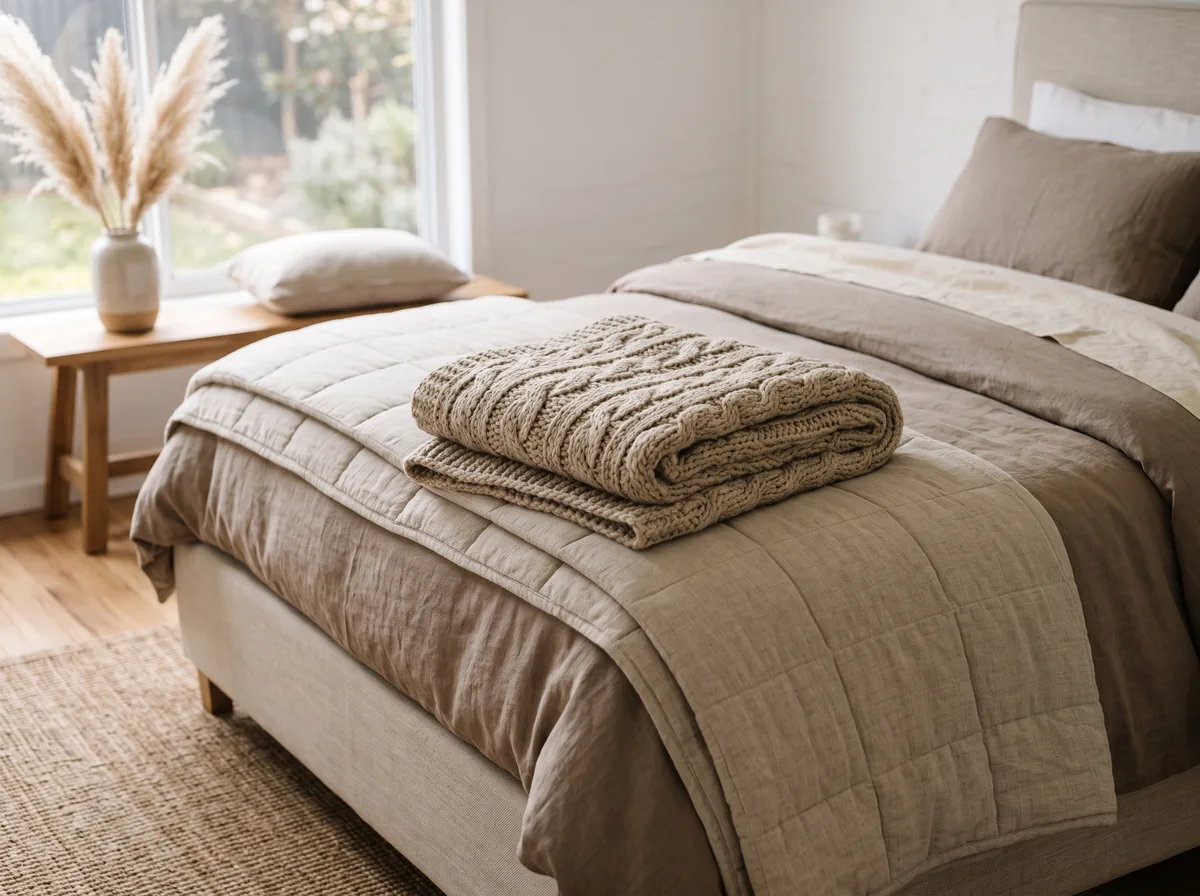 Layered bedding and folded throw styled at the foot of a boutique hotel guest bedroom bed