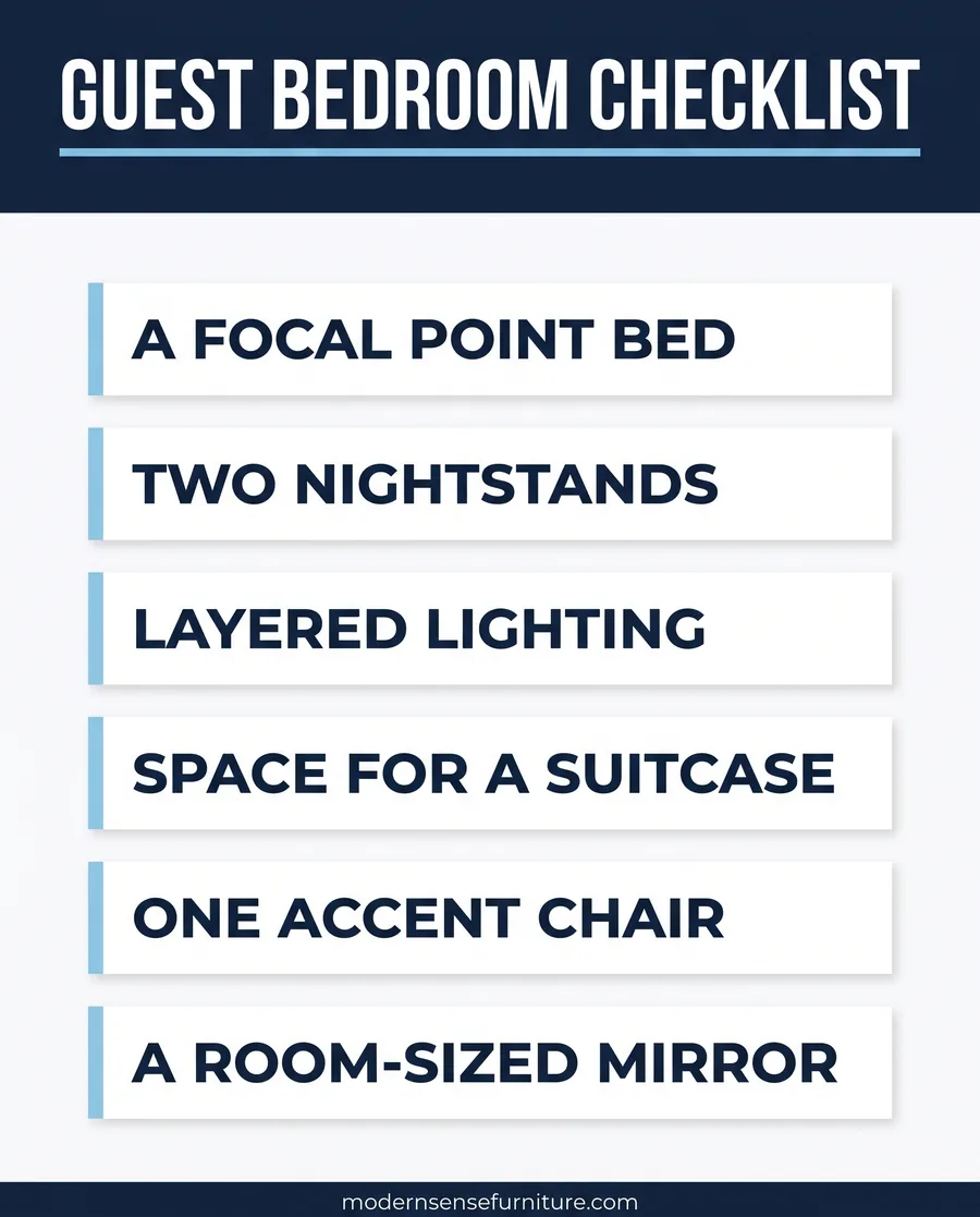 Card checklist showing the essential elements of a boutique hotel guest bedroom