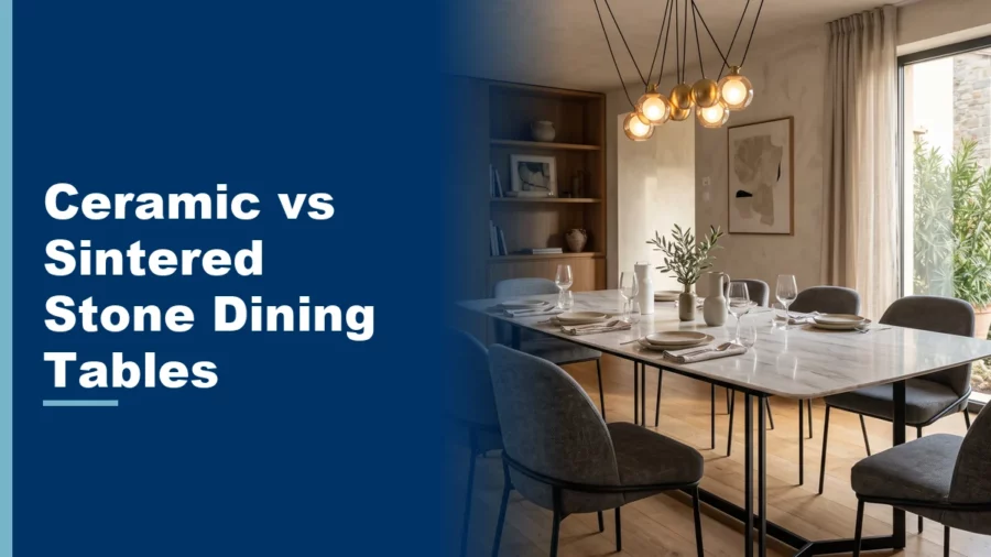 Modern Italian dining room with a sintered stone dining table under warm pendant lighting