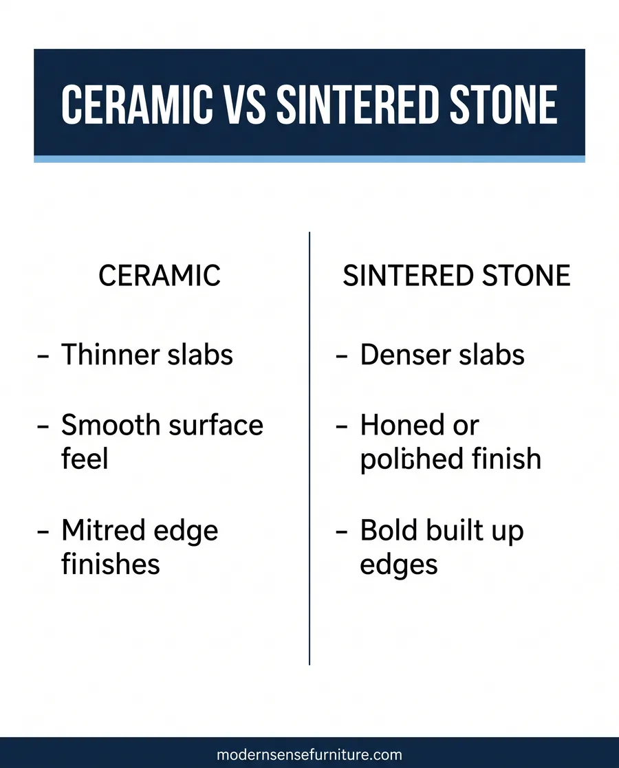 Card layout comparing ceramic and sintered stone dining table qualities