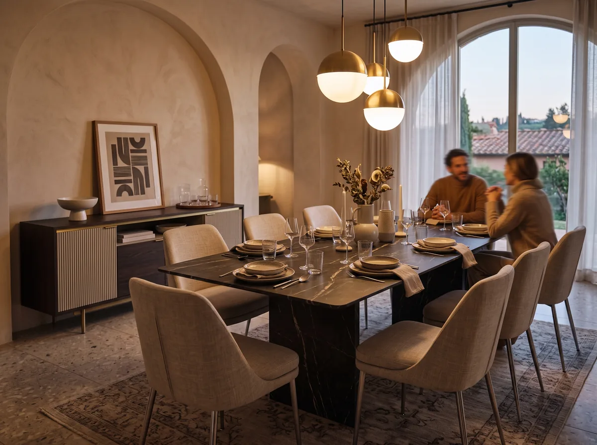 Sintered stone dining table styled in a modern Italian inspired dining room with pendant lighting
