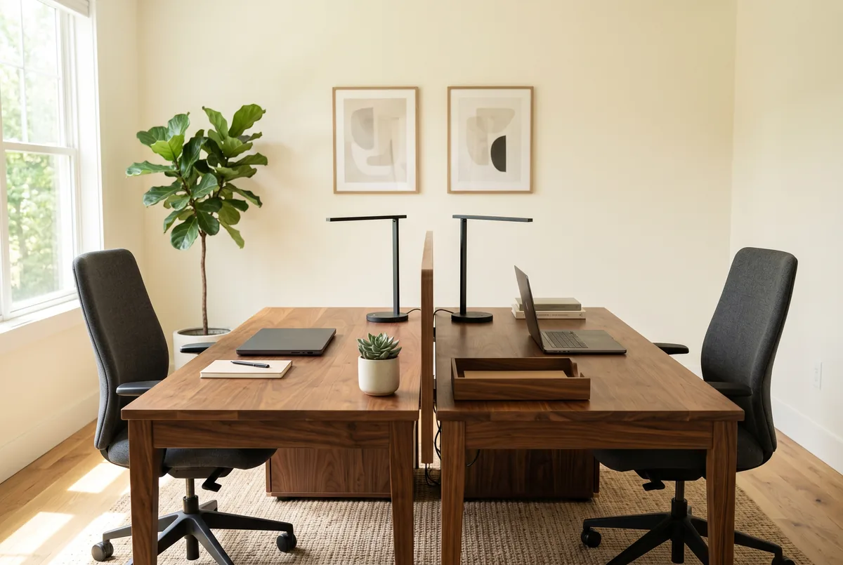 two person home office with matching desks positioned back to back