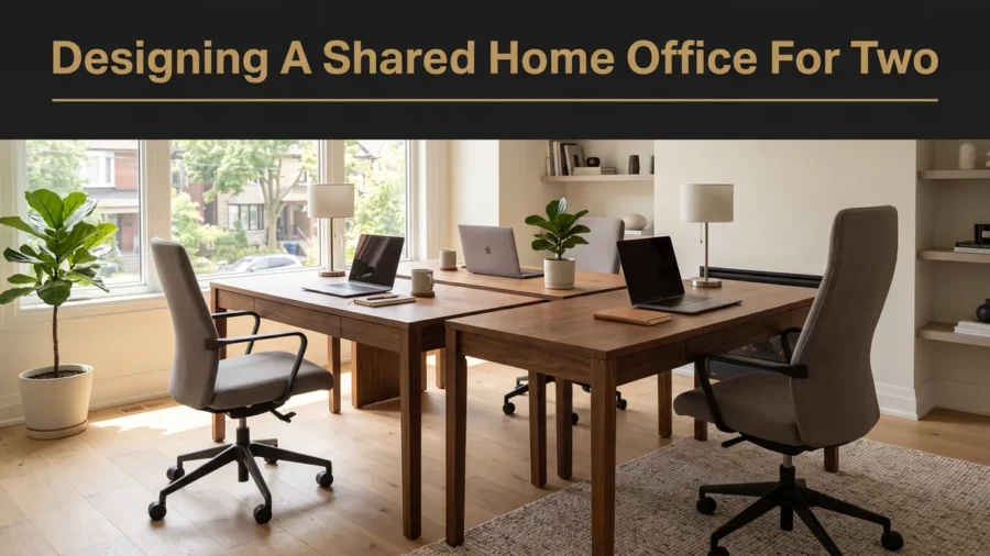 two matching walnut desks positioned for a shared home office for two