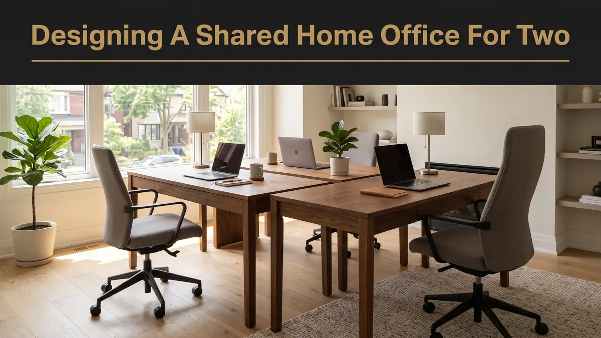 two matching walnut desks positioned for a shared home office for two