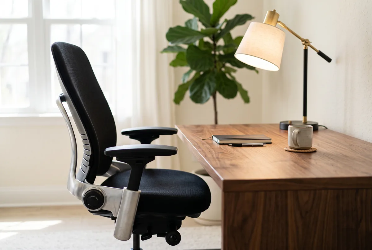 adjustable office chair and desk setup demonstrating ergonomic home office seating